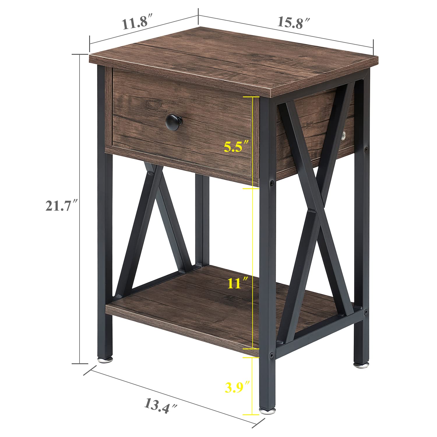 VECELO End Tables, Modern Nightstand with Drawer & Shelf, Night Stand for Bedroom Living Room,Industrial Metal Frame