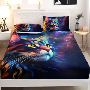 AILONEN Lovely Cat Fitted Sheet Set for Kids Twin XL Size,Galaxy Bedding Set for Boys Girls Teens Room Decor,3 Pieces Cat Bed Sheet Set,1 Fitted Sheet and 2 Pillowcases