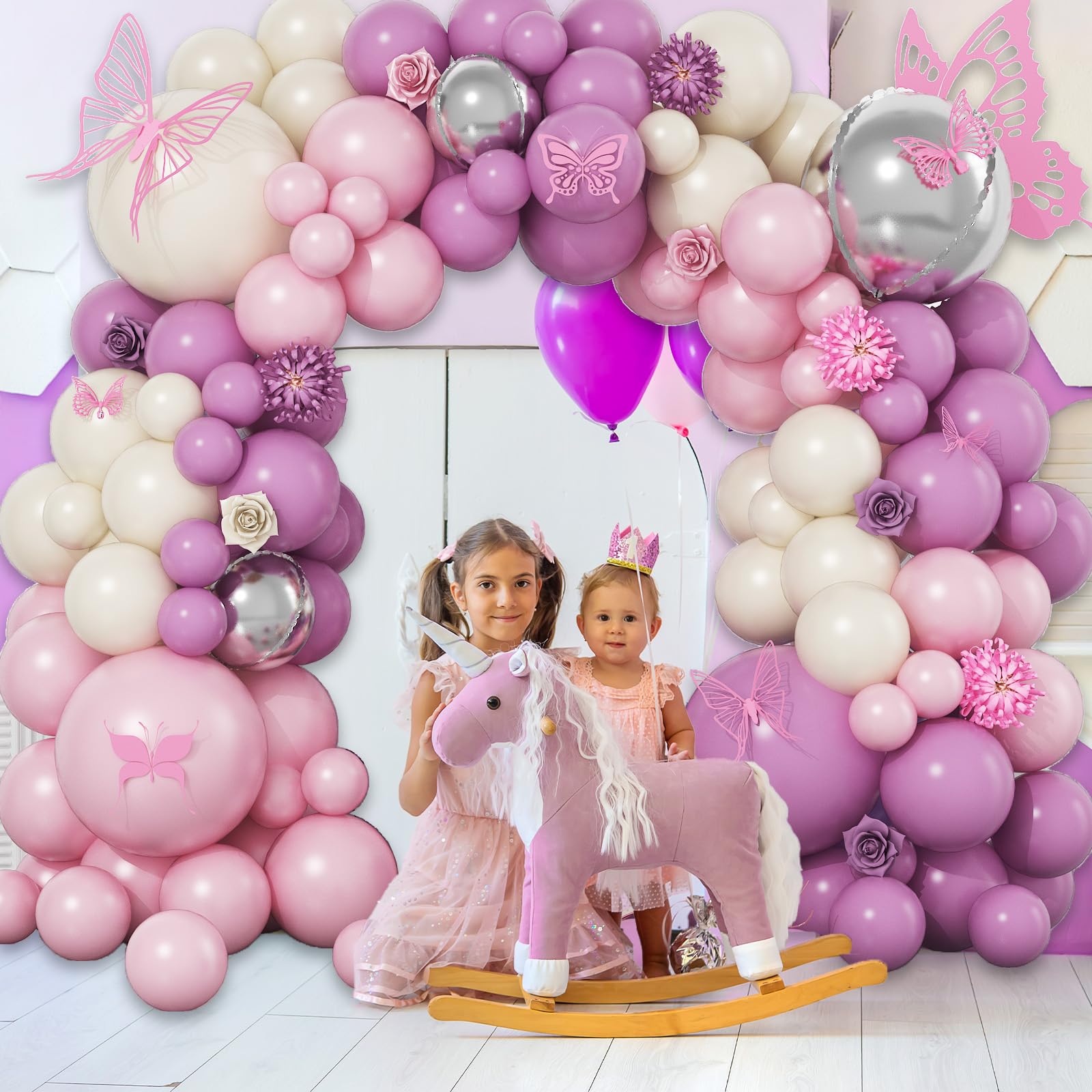 Pink and Purple Balloon Garland Arch Kit, Dusty Pink Lavender Purple Latex Balloons with Silver Foil Balloons for Bridal Baby Shower Wedding Butterfly Birthday Party Decoration