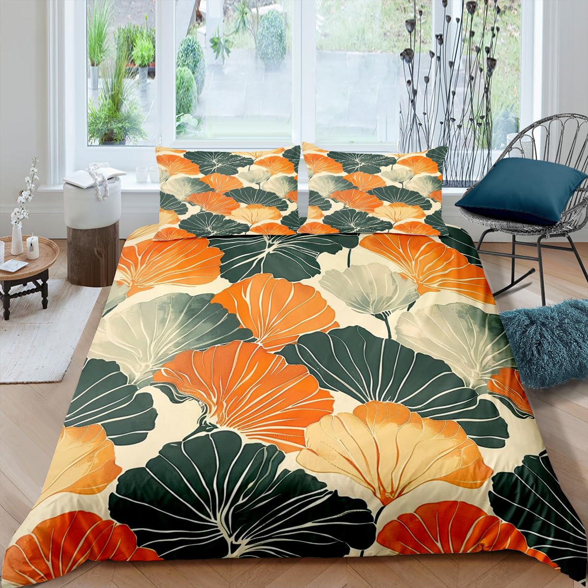 CCoutueChen King Size Ginkgo Leaf Duvet Cover Dark Green Orange Leaves Duvet Cover Set 3 Pieces Aesthetic Botanical Bedding Set with Zipper Closure 4 Ties (2 Pillowcases, No Comforter)