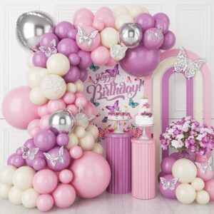 pink and purple balloon garland arch kit, dusty pink lavender purple latex balloons with silver foil balloons for bridal baby shower wedding butterfly birthday party decoration