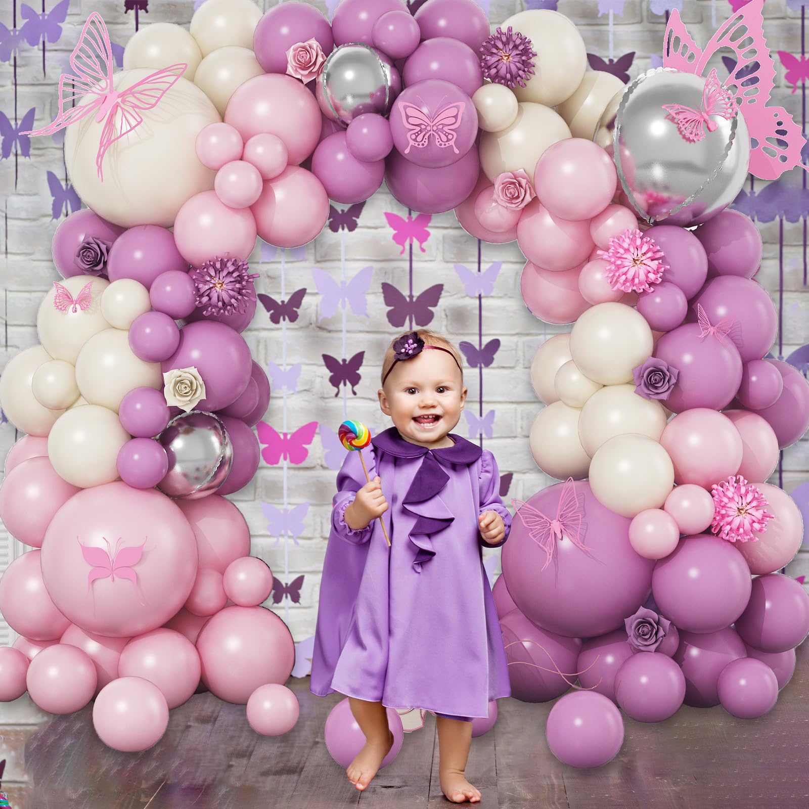 Pink and Purple Balloon Garland Arch Kit, Dusty Pink Lavender Purple Latex Balloons with Silver Foil Balloons for Bridal Baby Shower Wedding Butterfly Birthday Party Decoration