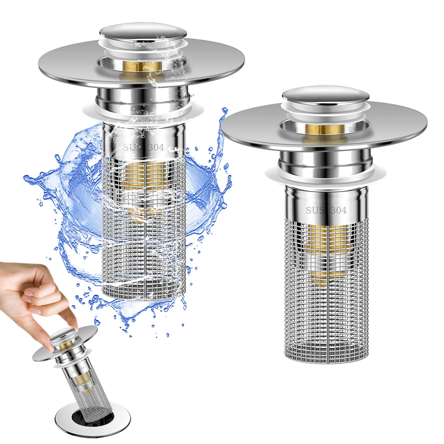 2Pcs Bathroom Sink Drain Strainer for 1.1-1.29 Inch, Pop Up Bathroom Sink Stopper Hair Catcher with Stainless Steel Filter Basket, for US Bathroom Sink Drain Stopper Basin Drain Filter Replacement