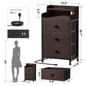 REAHOME Nightstand with Charging Station and LED Light, Tall Brown Night Stand with 3 Drawers and 2-Tier Shelf, Bedside Table with Sturdy Steel Frame Wood Top for Bedroom, Living Room - Brown