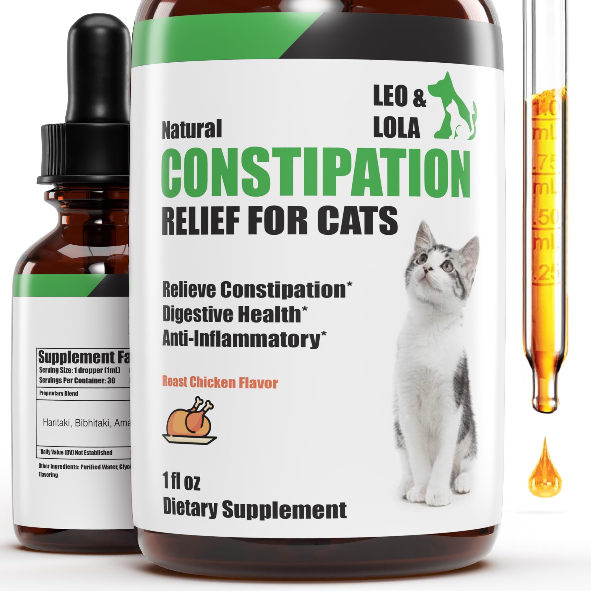 Leo & Lola Constipation Relief for Cats - Cat Constipation Relief - Cat Laxative - Cat Laxative Constipation Relief - Constipation Relief for Cat - Cat Stool Softener - 1 oz - Chicken Flavor