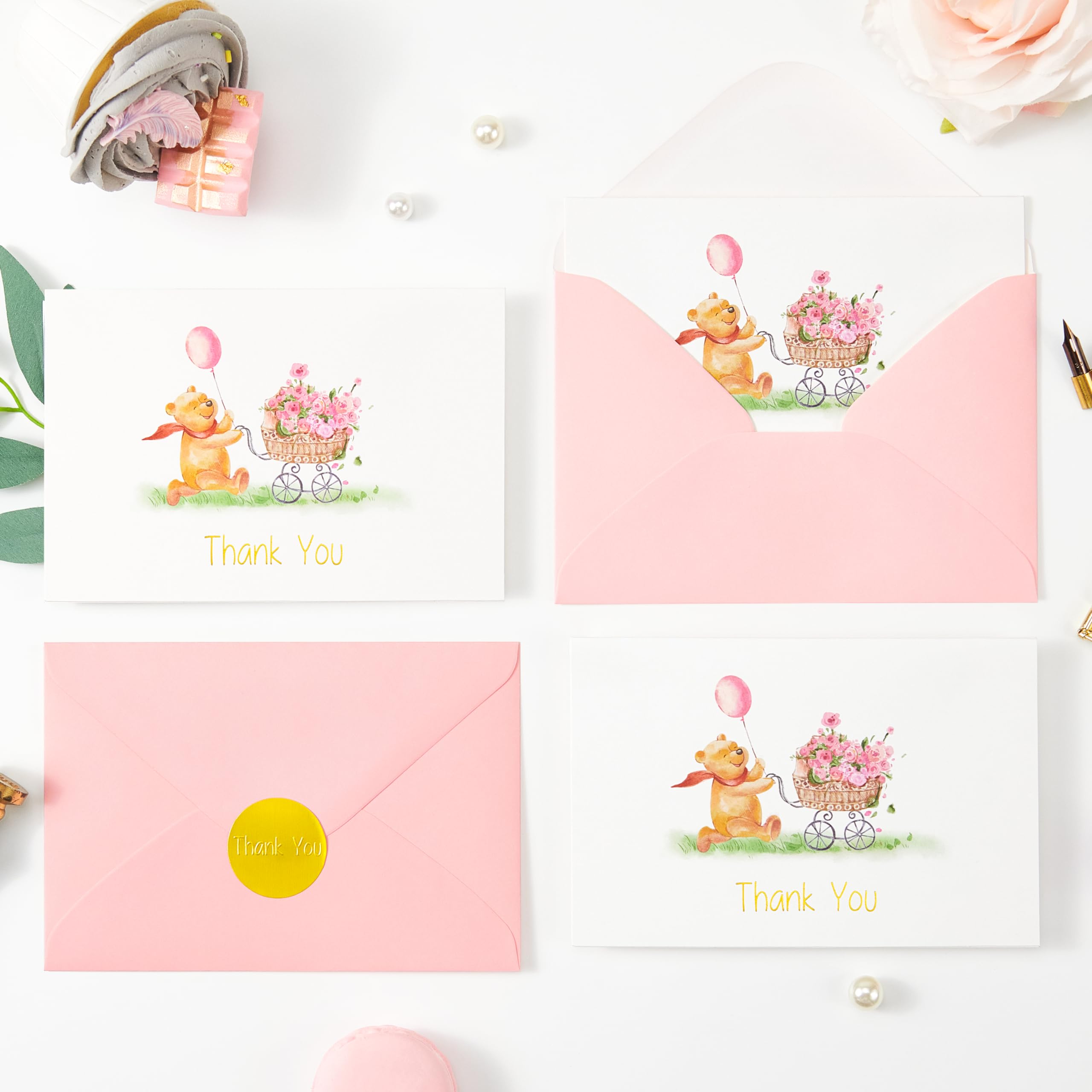 Crisky Baby Shower Girl Thank You Cards with Envelopes 50 Pack Pink Baby Shower Greeting Notes Bulk (Cute Bear with Baby Carriage)