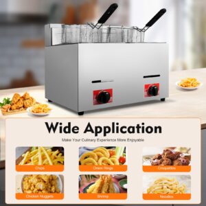 Commercial LPG Gas Deep Fryer,12L Countertop Stainless Steel Fryer Metal Tube Double Deep Fryer with 2 Frying Baskets and 2 Lids,for Cafeteria French Fries, Chicken, and More