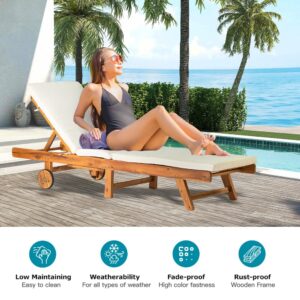 Panana Acacia Wood Chaise Lounge Patio Outdoor Folding Lounge Chair Recliner Portable Sun Lounger with Adjustable Backrest, Wheels, Cushion for Garden Poolside Deck