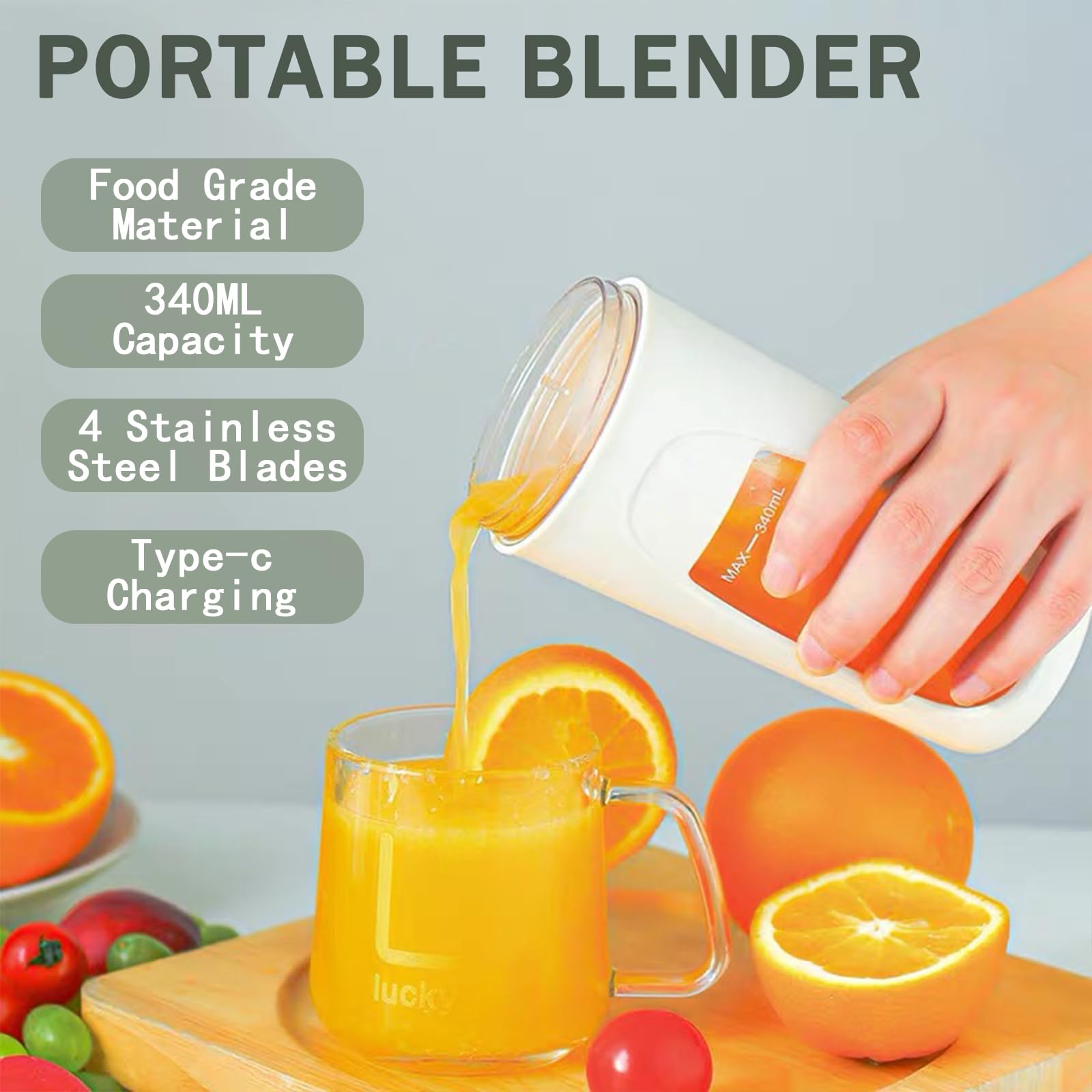 KIDENEI Portable Blenders with Straw and Cleaning Brush, 340ML Personal Size Blender for Shakes and Smoothies with 10 Ultra Sharp Blades, USB Rechargeable Mini Blenders for Sports Travel Outdoors