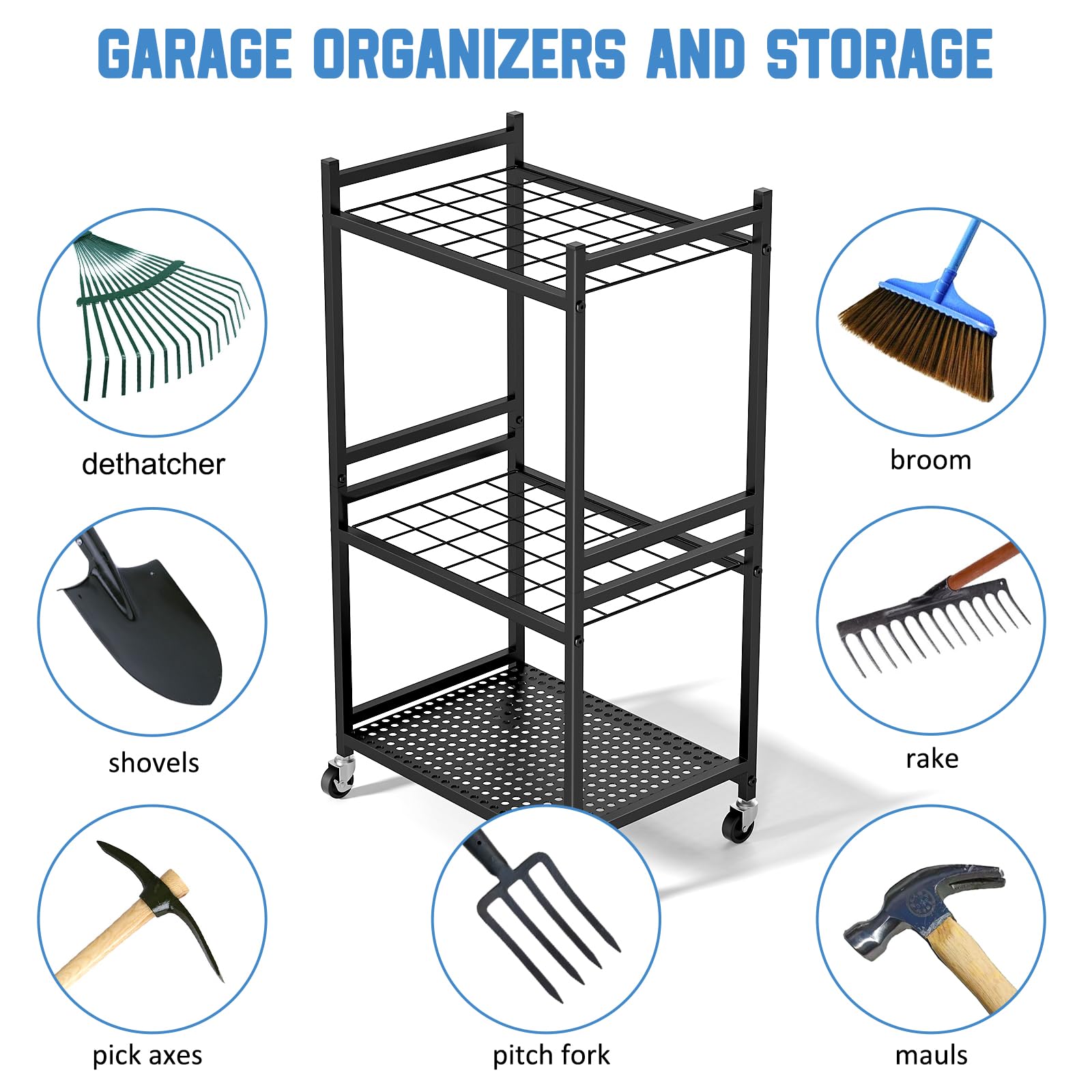 DAOUTIME Garden Tool Organizer with Wheels, Yard Tool Tower rack for Garage Organization and Storage, Up to 35 Long-Handled Tools, Sturdy Metal Steel Tool Holder with 3 Hooks, Outdoor, Black