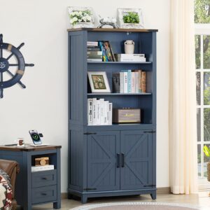 Joaxswe 70in Tall Bookshelf 5 Tier Bookcase with Barn Doors and Adjustable Shelves, Blue Farmhouse Book Shelf with Storage Cabinet, Wood Freestanding Display Bookshelves for Bedroom, Living Room