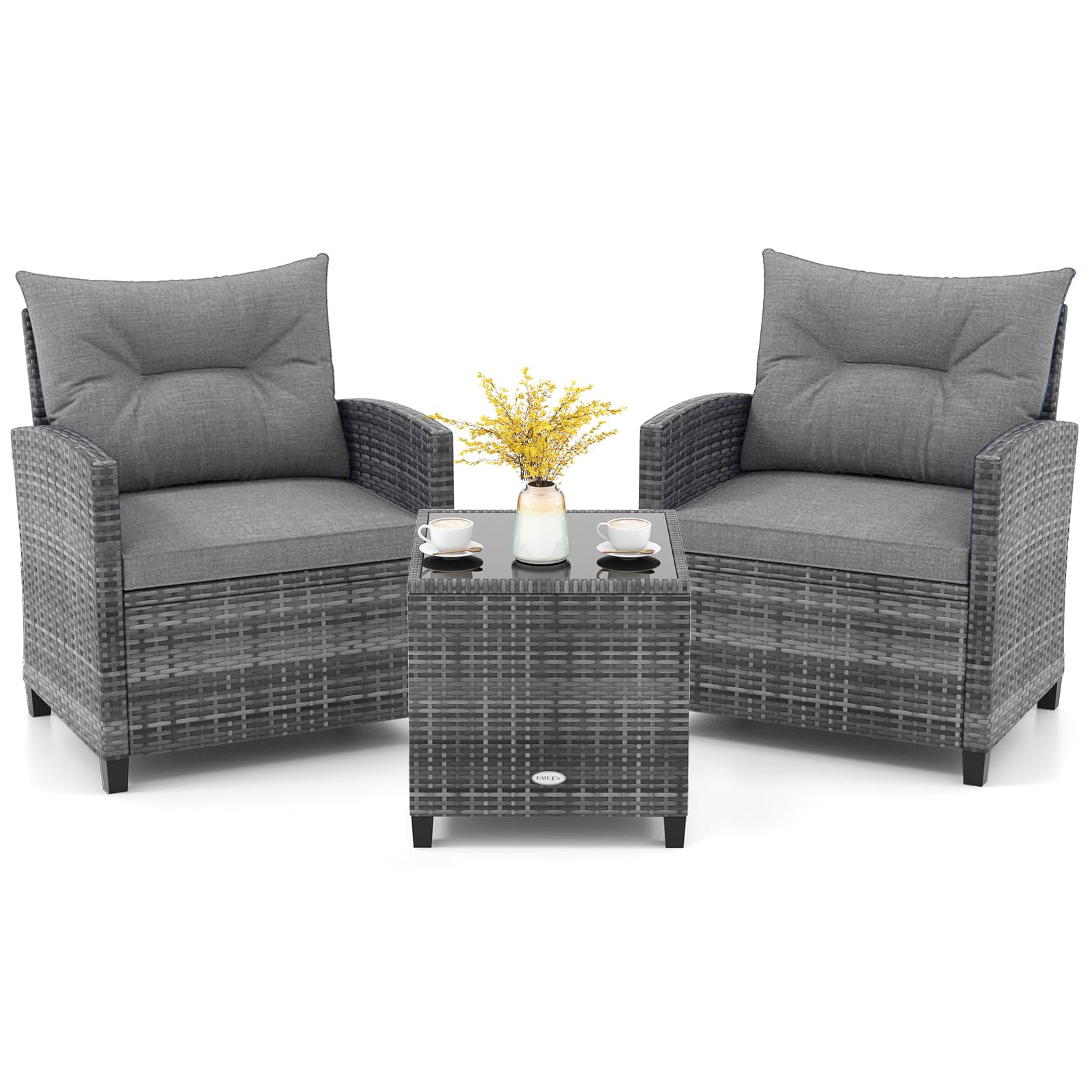 KOTEK 3 Piece Patio Furniture Set, Outdoor PE Rattan Conversation Set with Washable Cushions & Tempered Glass Tabletop, Wicker Chairs and Table Set for Porch, Garden, Balcony (Grey)