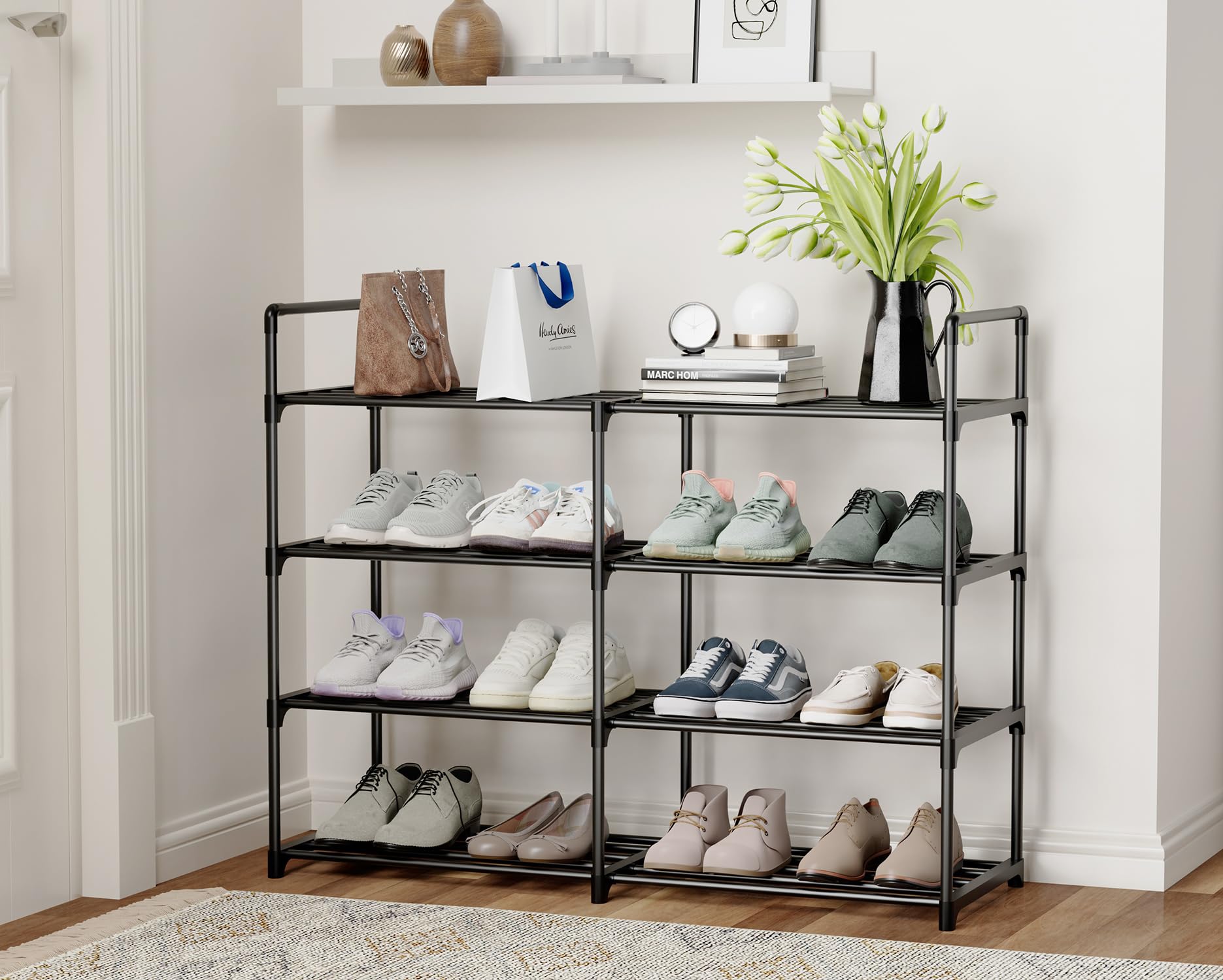 FIDUCIAL HOME 4 Tiers Metal Shoe Rack Organizer 16 Pairs Sturdy Shoe Stand for Closet Entryway, Stackable