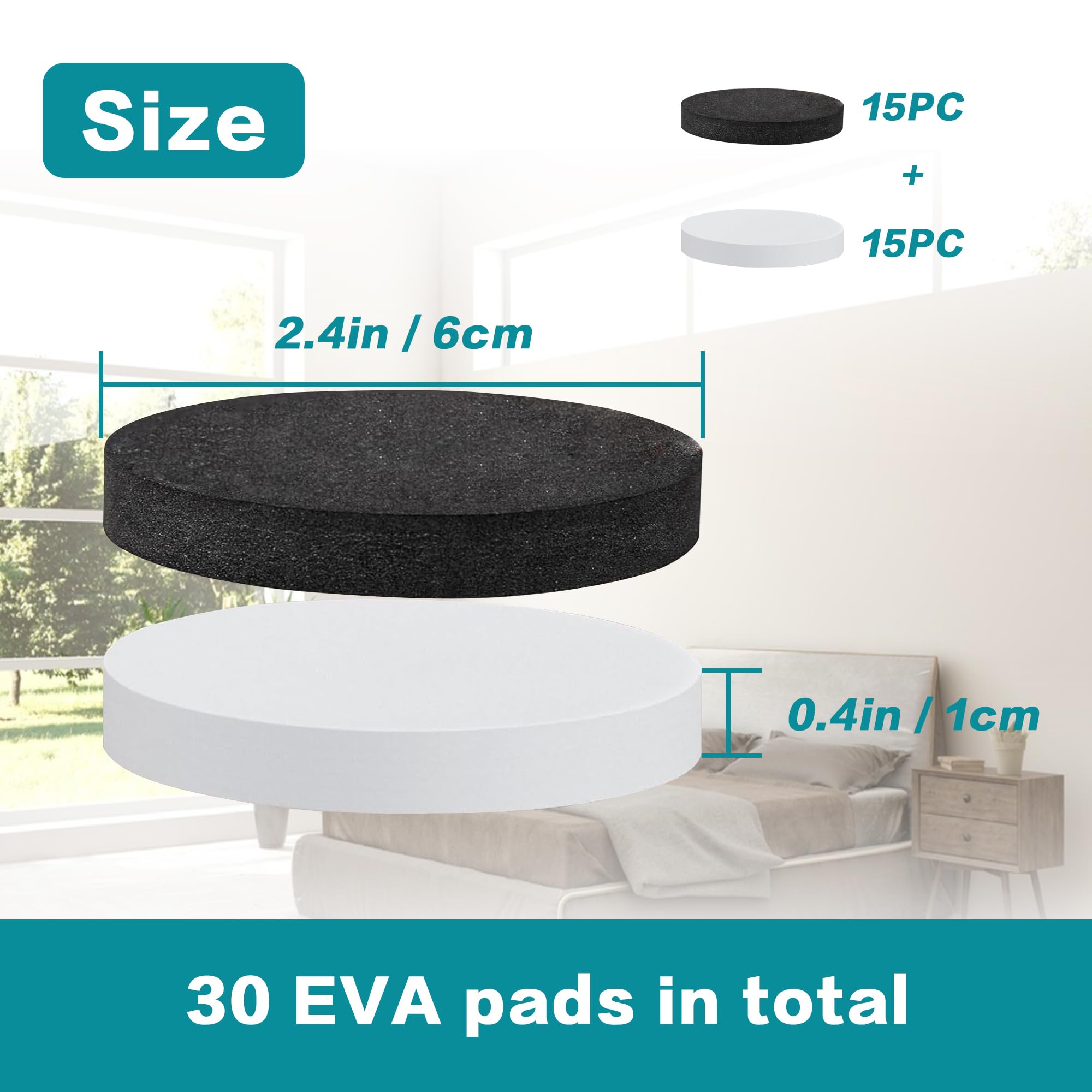 SOLIPECT 30 Pcs Furniture Pads, Eva Foam Headboard Stoppers for Wall, Bed stoppers, Anti-Vibration Soundproof Pads for Bed Frame|Headboard, Self Adhesive, Round Black and White