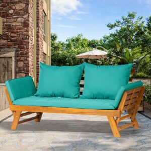 Panana Acacia Wood Convertible Couch Sofa Bed Adjustable Armrest Folding Daybed Collapsible Chaise Lounge w/Cushions Outdoor Loveseat for Garden Patio Poolside Turquoise