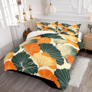 CCoutueChen King Size Ginkgo Leaf Duvet Cover Dark Green Orange Leaves Duvet Cover Set 3 Pieces Aesthetic Botanical Bedding Set with Zipper Closure 4 Ties (2 Pillowcases, No Comforter)