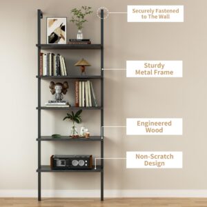 Flamaker 5-Tier Bookshelf Industrial Wall Mount Ladder Bookshelf, Wood Board and Metal Frame, Modern Tall Narrow Storage Organizer for Home Office (Black)