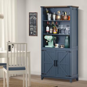 Joaxswe 70in Tall Bookshelf 5 Tier Bookcase with Barn Doors and Adjustable Shelves, Blue Farmhouse Book Shelf with Storage Cabinet, Wood Freestanding Display Bookshelves for Bedroom, Living Room