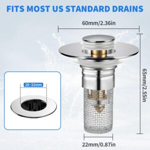 2Pcs Bathroom Sink Drain Strainer for 1.1-1.29 Inch, Pop Up Bathroom Sink Stopper Hair Catcher with Stainless Steel Filter Basket, for US Bathroom Sink Drain Stopper Basin Drain Filter Replacement