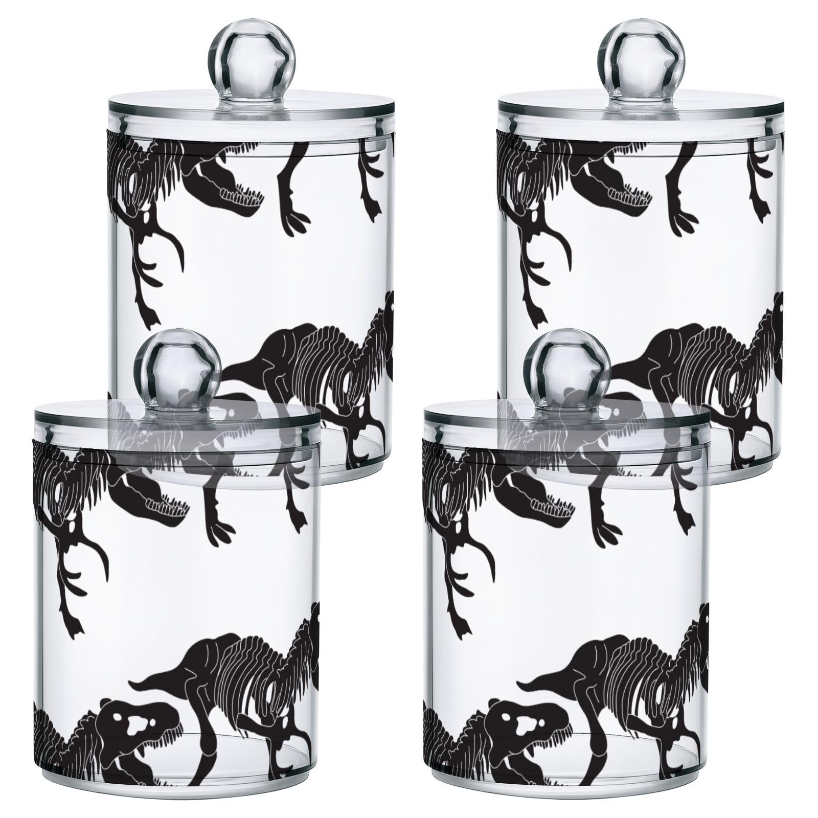 GOODOLD Dinosaur Silhouette Black Qtip Holder 4 Pack - 10 Oz Clear Plastic Apothecary Jar Set for Bathroom Organization - Versatile Canister Storage for Cotton Balls, Swabs, Rounds