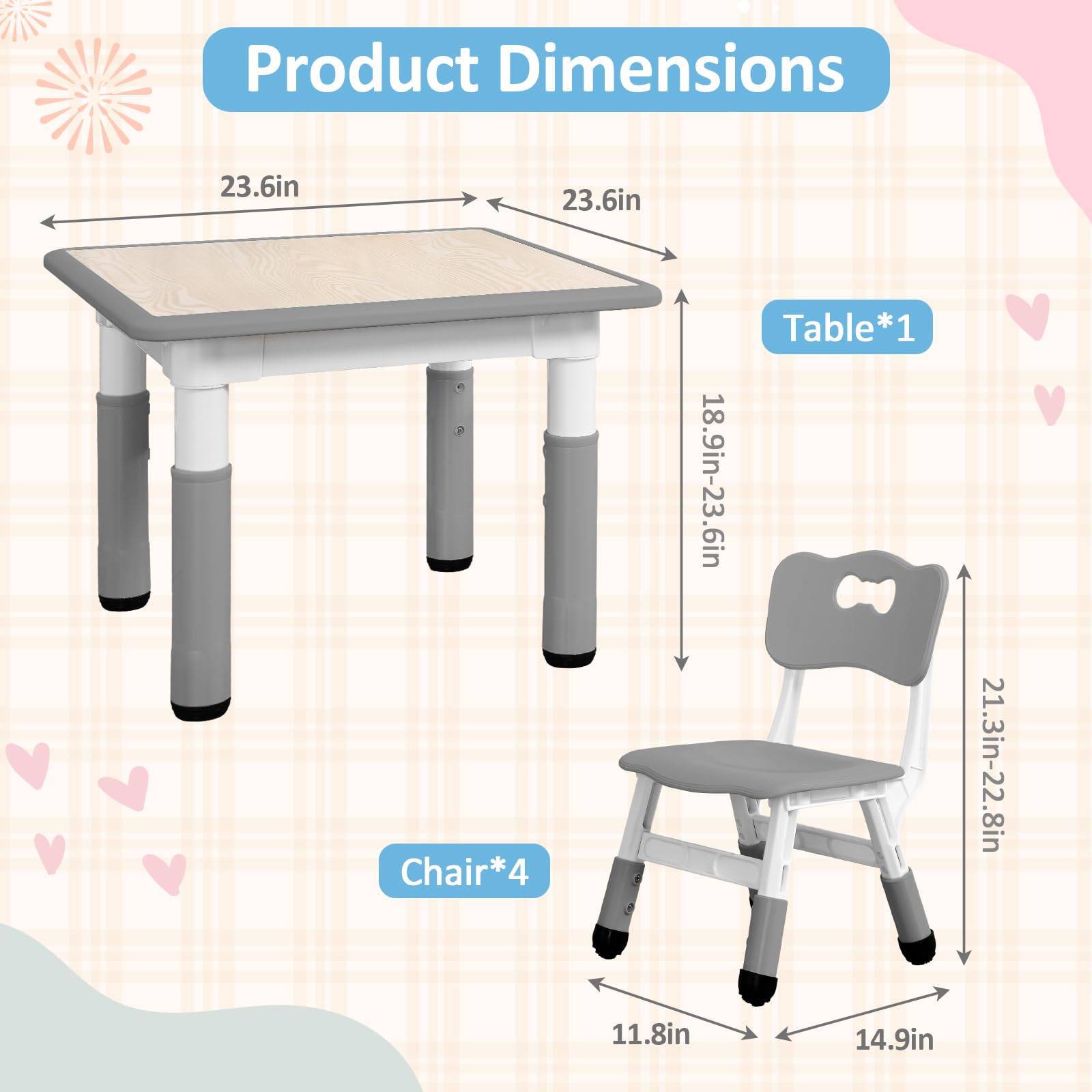 PULLAFUN Kids Table and Chairs Set, Graffiti Desktop Plastic Children Art Table with Seat, Height Adjustable Toddler Table and Chair Set for Kids Ages 3-10