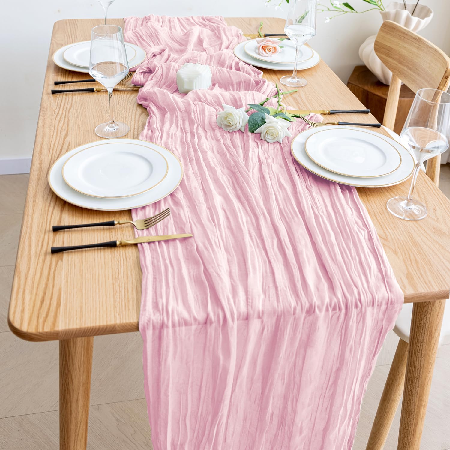 Wokceer Cheesecloth Table Runner Thanksgiving 10FT Blushing Pink Boho Gauze Cheese Cloth Table Runner for Party Long Rustic Sheer Table Runners for Baby Bridal Shower Wedding Easter Table