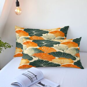 CCoutueChen King Size Ginkgo Leaf Duvet Cover Dark Green Orange Leaves Duvet Cover Set 3 Pieces Aesthetic Botanical Bedding Set with Zipper Closure 4 Ties (2 Pillowcases, No Comforter)