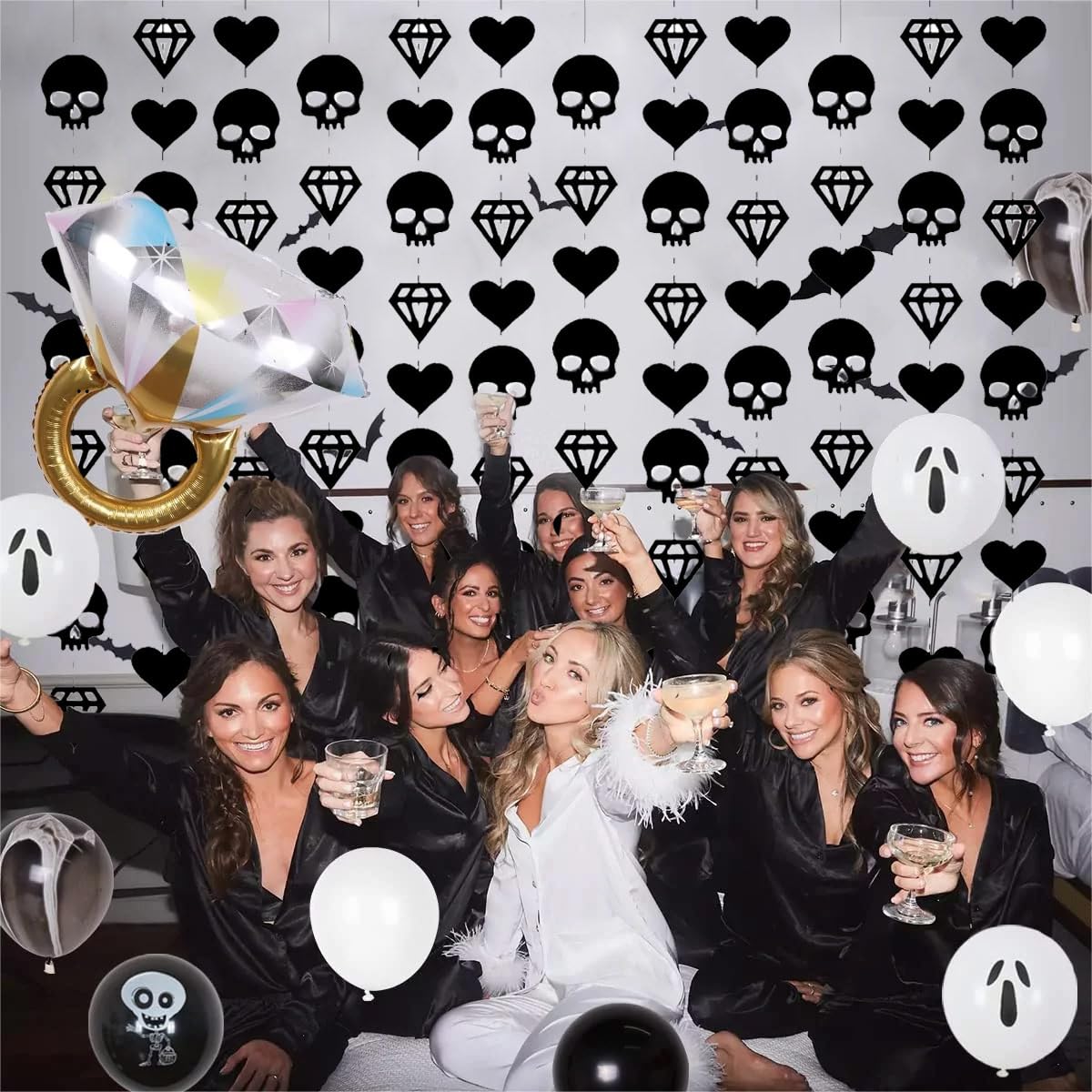 8Pcs Bride or Die Halloween Bachelorette Party Decorations,Black Skull Heart Diamond Banners,Till Death Do Us Party Supplies,Gothic Bridal Shower To Be Birthday Wedding Anniversary Party Decor