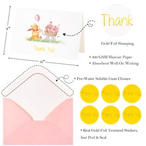 Crisky Baby Shower Girl Thank You Cards with Envelopes 50 Pack Pink Baby Shower Greeting Notes Bulk (Cute Bear with Baby Carriage)