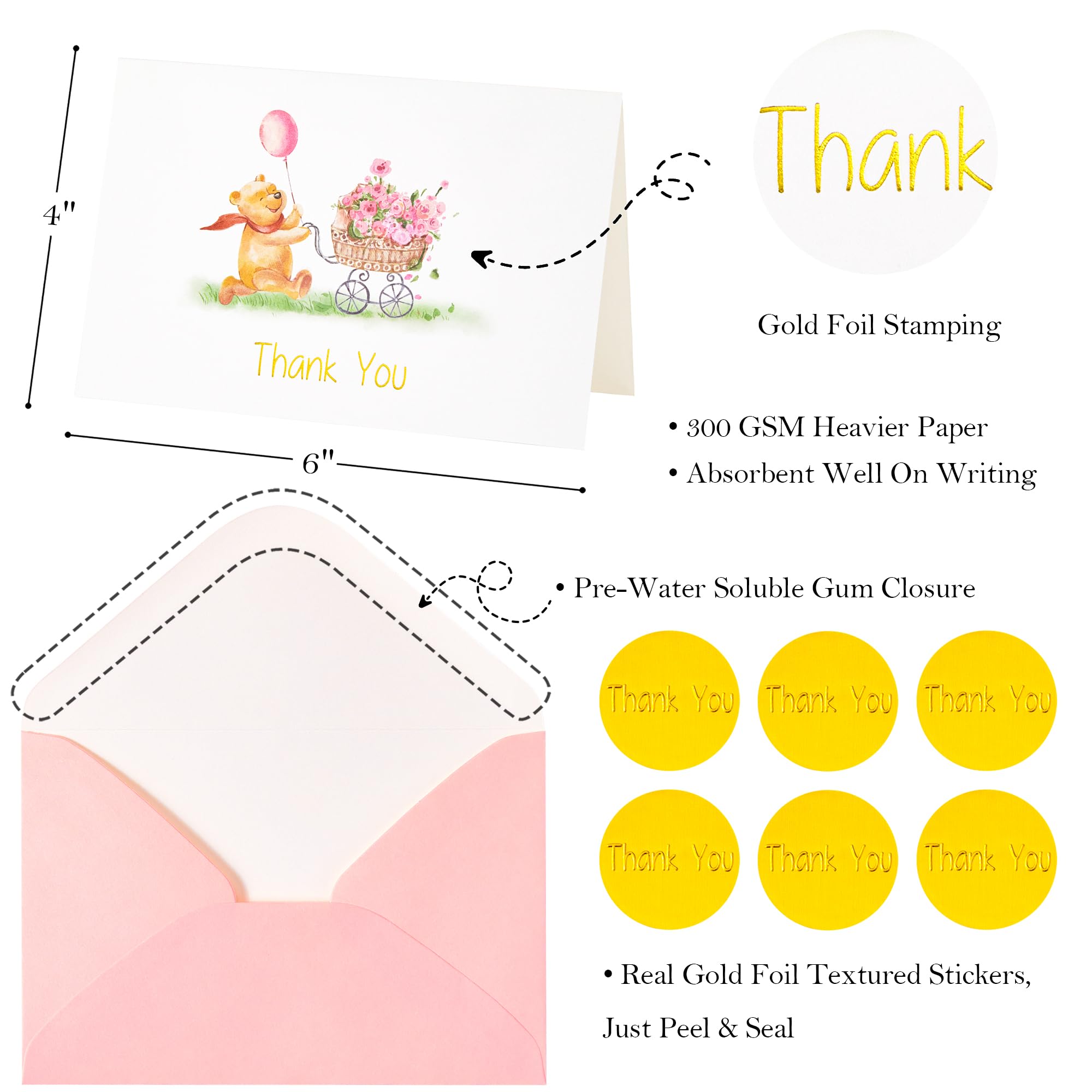 Crisky Baby Shower Girl Thank You Cards with Envelopes 50 Pack Pink Baby Shower Greeting Notes Bulk (Cute Bear with Baby Carriage)