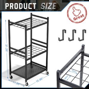 DAOUTIME Garden Tool Organizer with Wheels, Yard Tool Tower rack for Garage Organization and Storage, Up to 35 Long-Handled Tools, Sturdy Metal Steel Tool Holder with 3 Hooks, Outdoor, Black