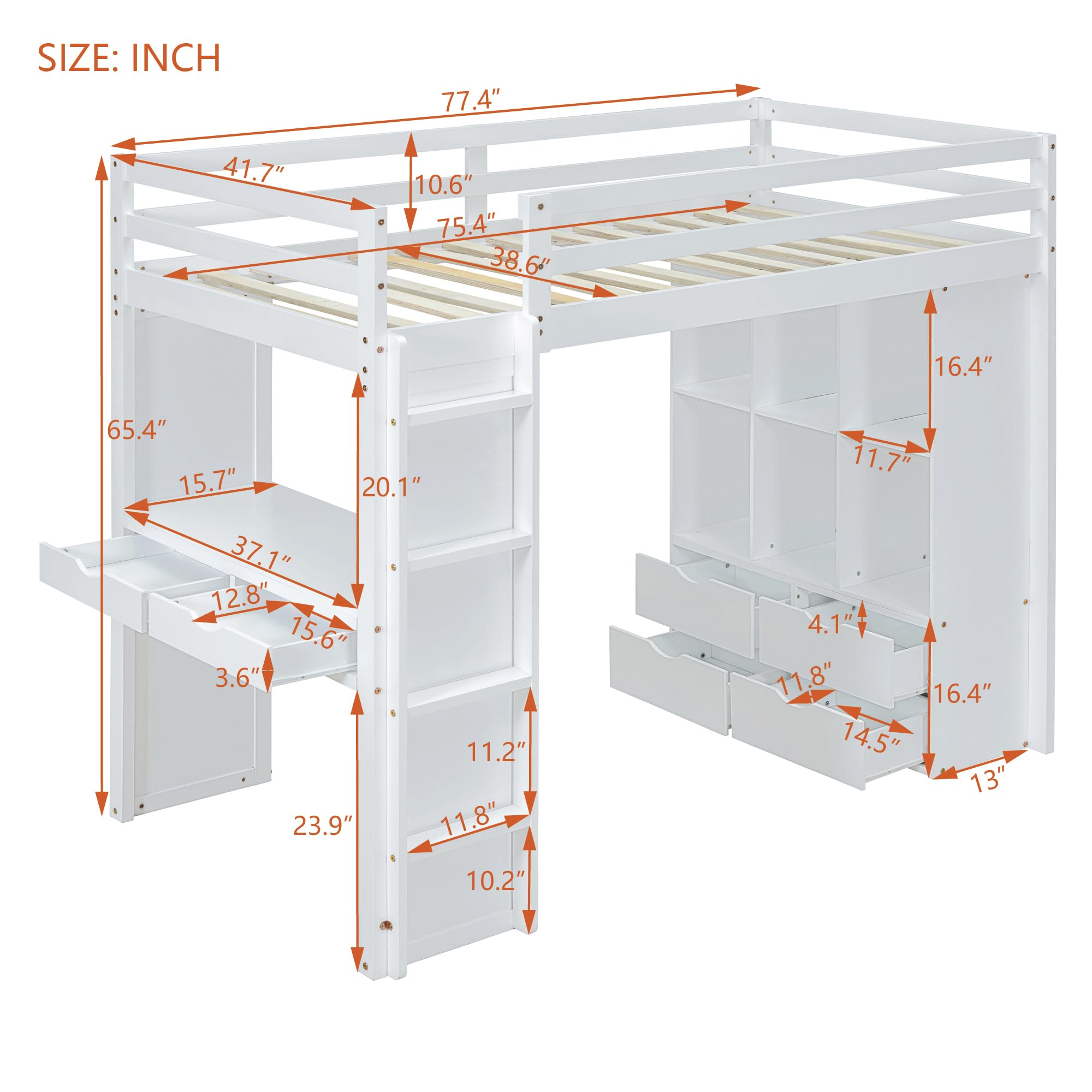 Twin Size Loft Bed with Desk and LED Light, Wood Loft Bed Frame with Storage Shelves and Drawers for Adults Kids Boys Girls, White