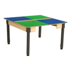 wood designs time-2-play kids birch plywood square lego compatible play table large 35” x 31” surface with 18”-29” adjustable legs, montessori building blocks desk with trough [blue and green]