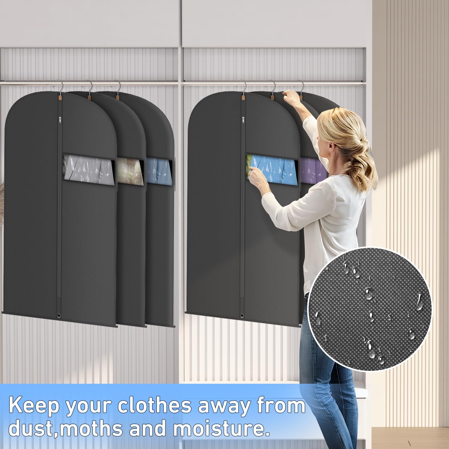 Garment Bags for Hanging Clothes, Suit Bags for Closet Storage and Travel, Suit Cover Bags with Zipper for Coats, Jackets, Shirts (Black, L 40" x 6 Pack)