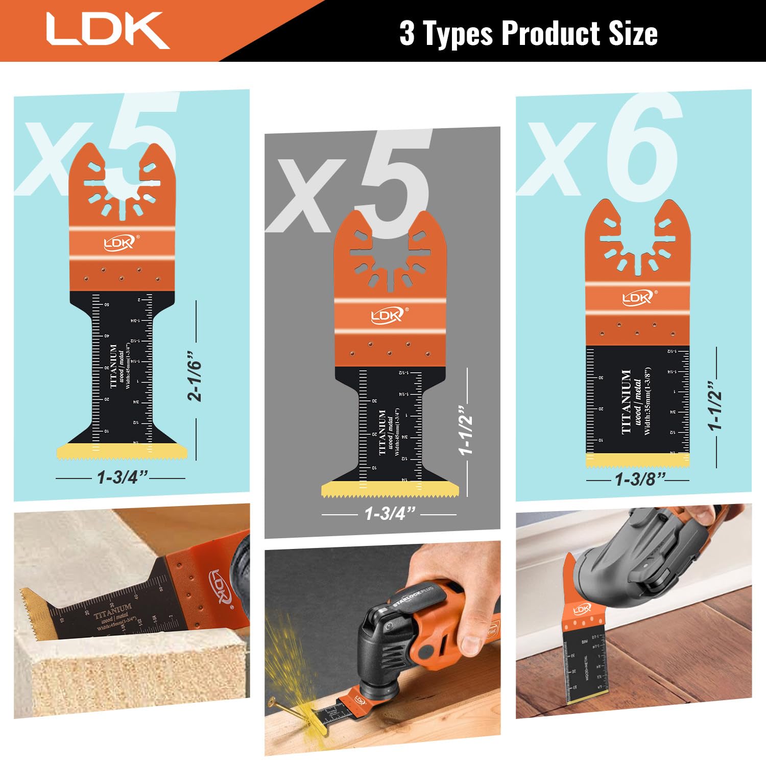 LDK 16pc Titanium Oscillating Tool Blades, Professional Universal Multitool Blades for Wood Plastics Metal Nails Bolts, Quick Release Multi Tool Blades Kits Fit Dewalt Bosch Makita Worx Milwaukee