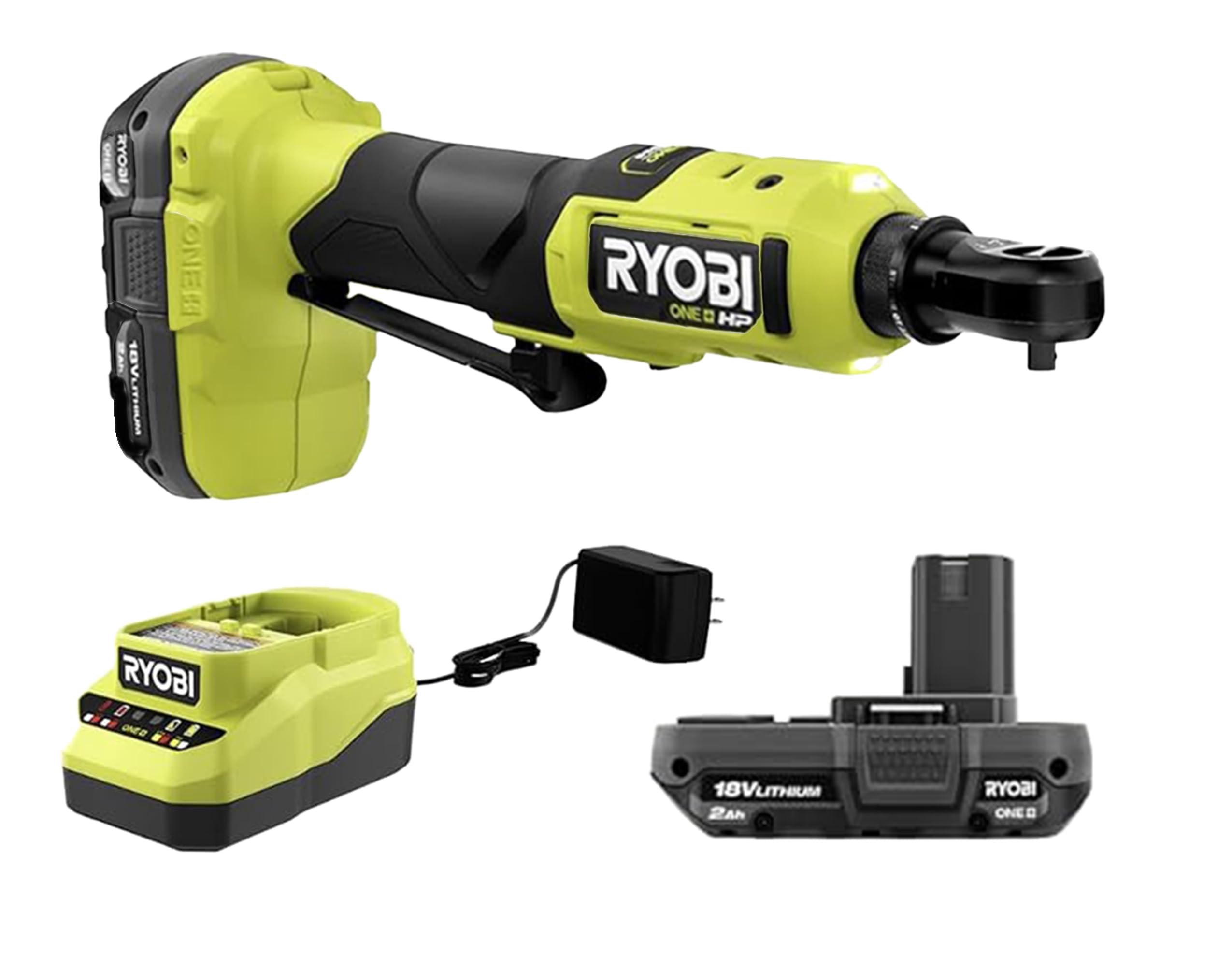 Ryobi One+ HP 18V 1/4" Brushless Cordless Compact Electric Ratchet Kit with 2.0Ah Lithium Battery and Charger, 4-Position Rotating Head, and Up to 460 RPM