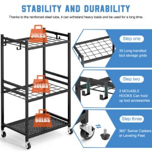 DAOUTIME Garden Tool Organizer with Wheels, Yard Tool Tower rack for Garage Organization and Storage, Up to 35 Long-Handled Tools, Sturdy Metal Steel Tool Holder with 3 Hooks, Outdoor, Black