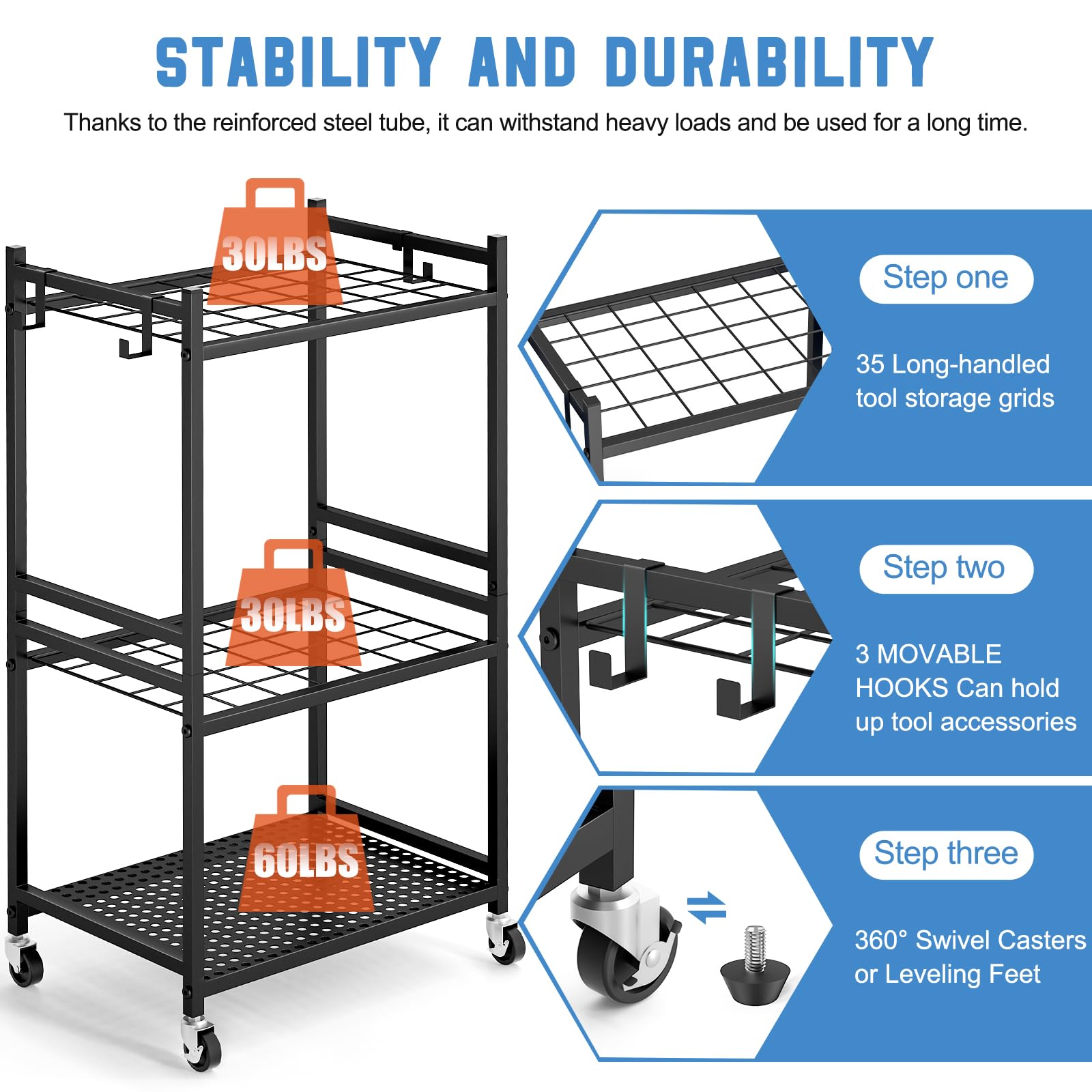 DAOUTIME Garden Tool Organizer with Wheels, Yard Tool Tower rack for Garage Organization and Storage, Up to 35 Long-Handled Tools, Sturdy Metal Steel Tool Holder with 3 Hooks, Outdoor, Black