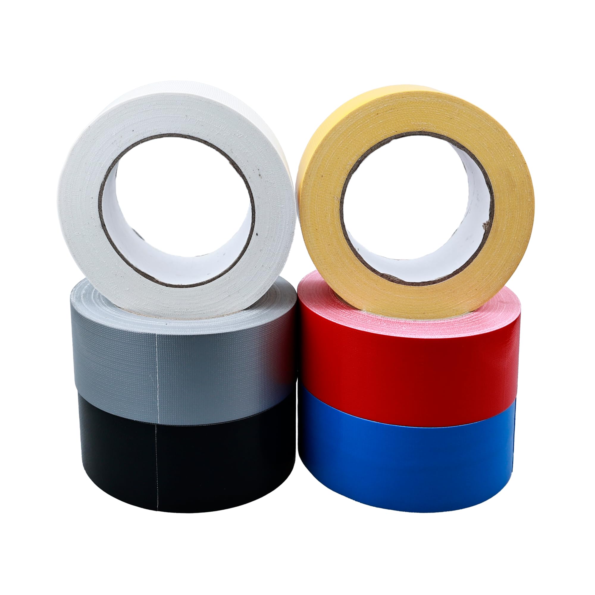 Colored Duct Tape 10.2 mils Heavy Duty, 1.88 Inch Wide x 90ft Per Rolls, Total 540ft (180 Yard), Black White Silver Yellow Red Blue, Indoor & Outdoor Use, No Residue, Tear by Hand (1.88in x 30 Yards)