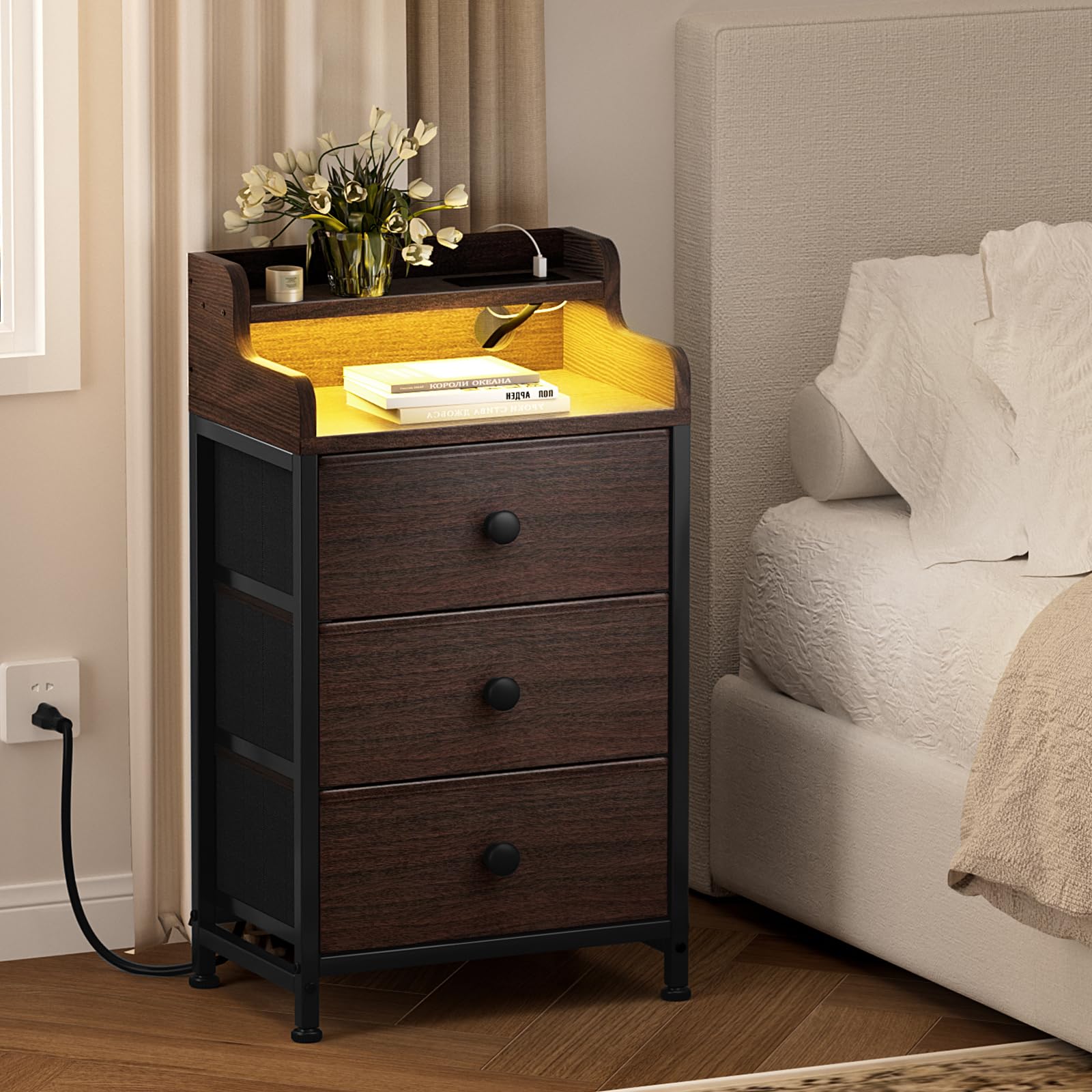 REAHOME Nightstand with Charging Station and LED Light, Tall Brown Night Stand with 3 Drawers and 2-Tier Shelf, Bedside Table with Sturdy Steel Frame Wood Top for Bedroom, Living Room - Brown