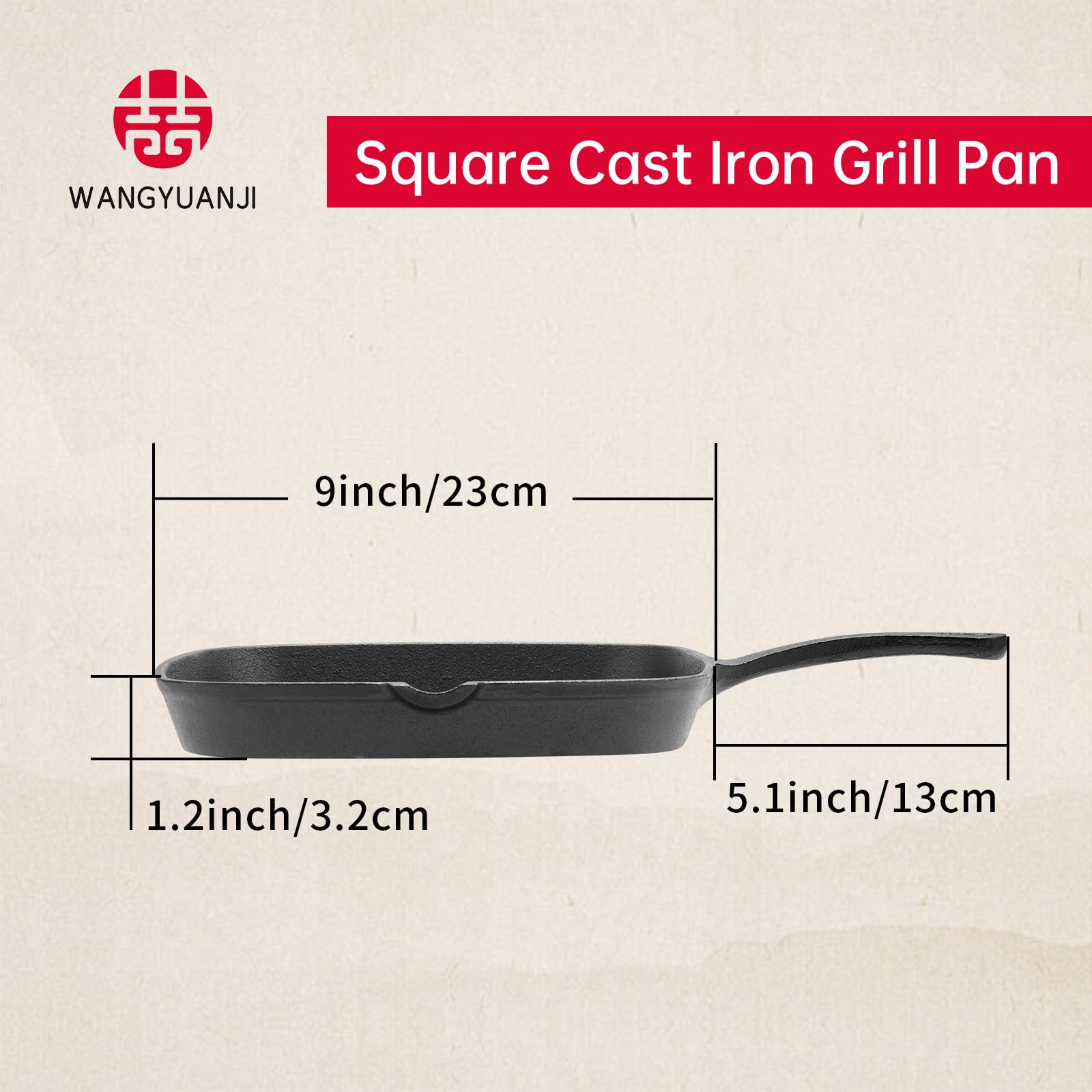 WANGYUANJI Cast Iron Grill Pan,Square Nonstick Grill Pan with Spatula and Brush,9Inch Barbecue Pan for Grill,Stove,Oven and Campfire