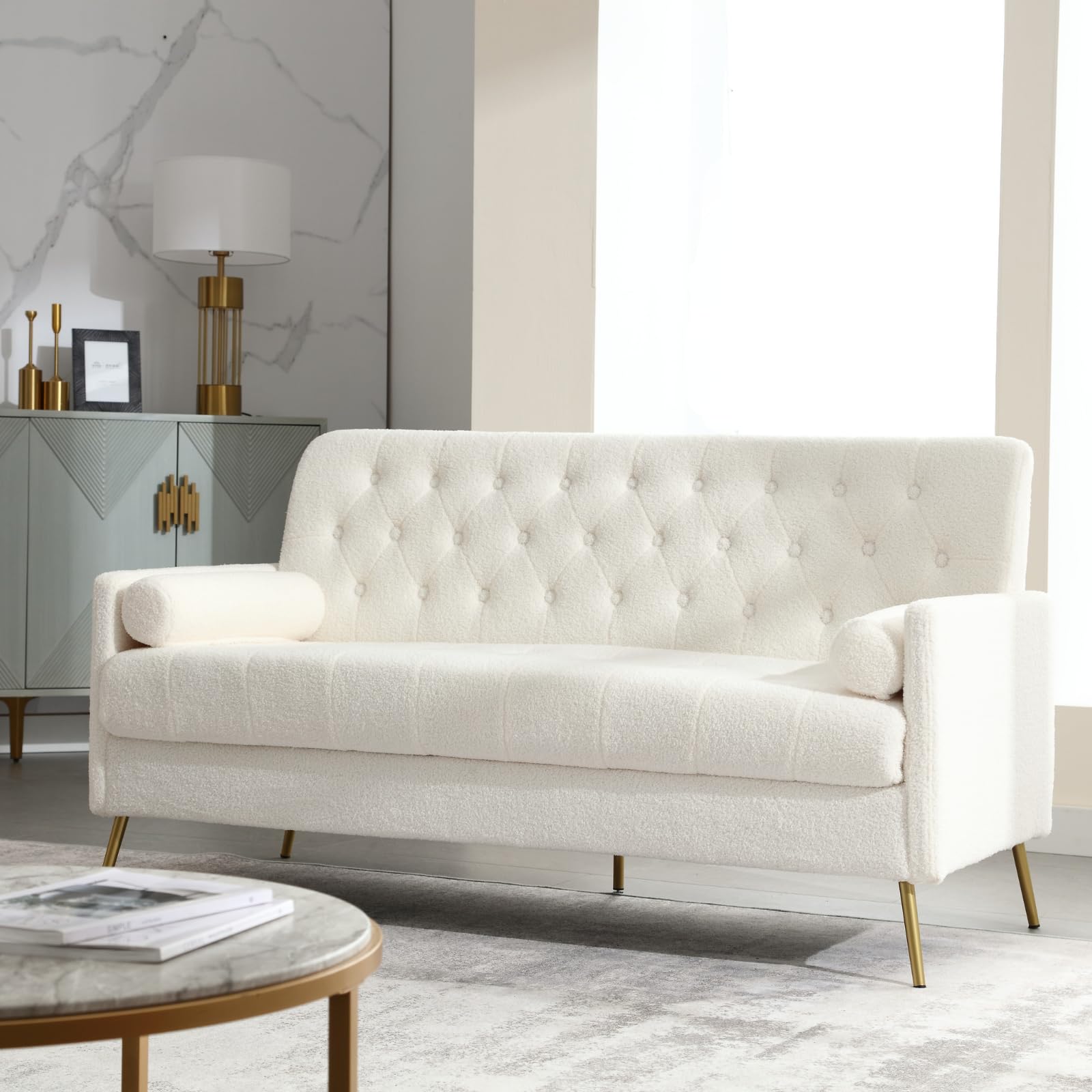 60” Couch Sofa, Mid Century Modern Upholstered Loveseat Sofa Tufted Small Sofa Faux Fur Love Seat Couch Track Armrest with 2 Bolster Pillows for Small Space Living Room Bedroom Apartment, White Sherpa