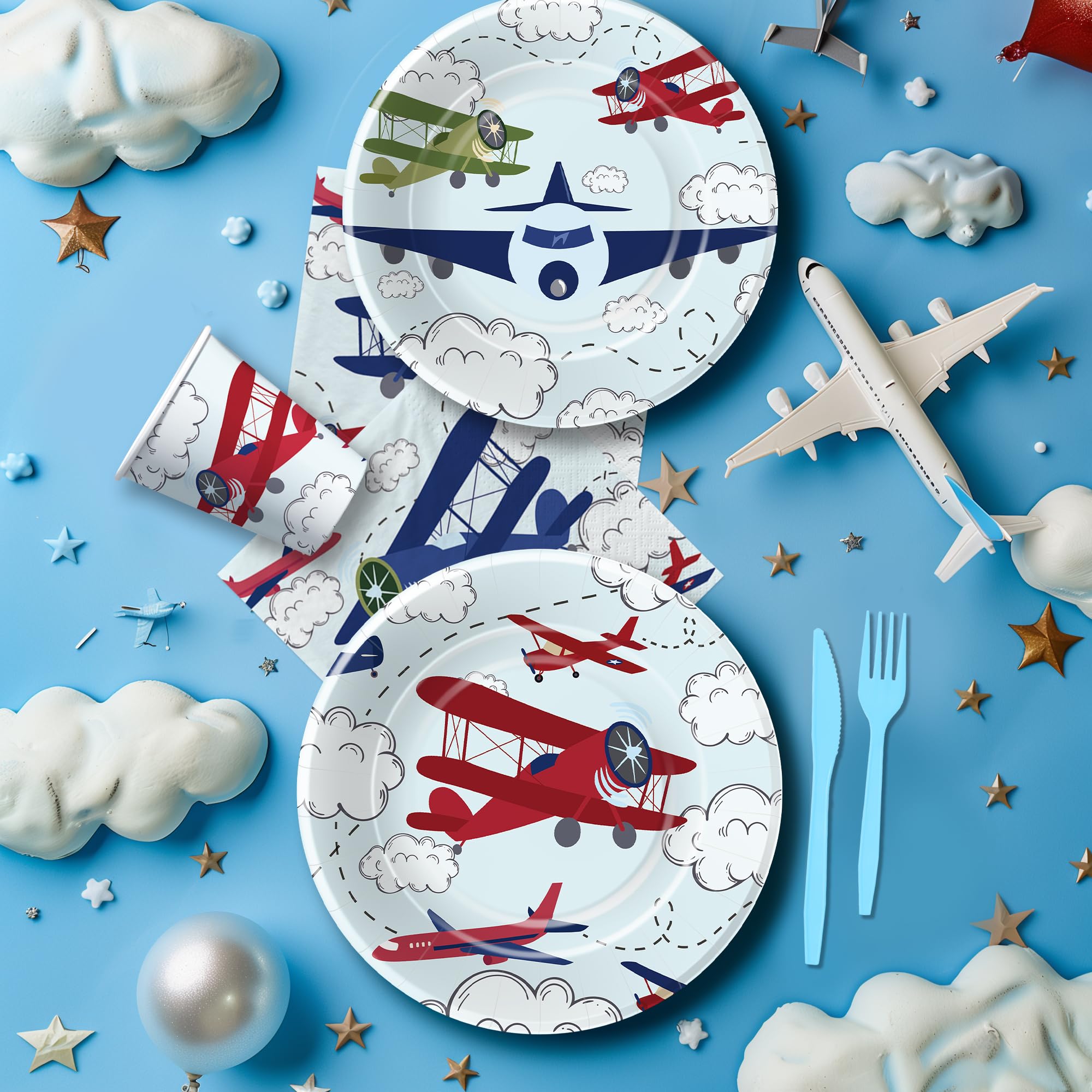 Suhelkit Airplane Party Decorations Tableware Boy - Disposable Airplane Birthday Party Supplies, Plate, Napkin, Cup, Cutlery, Aviation Theme Airplane Birthday Baby Shower Table Decorations | 24 Guests