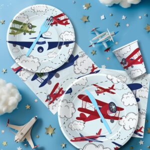 Suhelkit Airplane Party Decorations Tableware Boy - Disposable Airplane Birthday Party Supplies, Plate, Napkin, Cup, Cutlery, Aviation Theme Airplane Birthday Baby Shower Table Decorations | 24 Guests