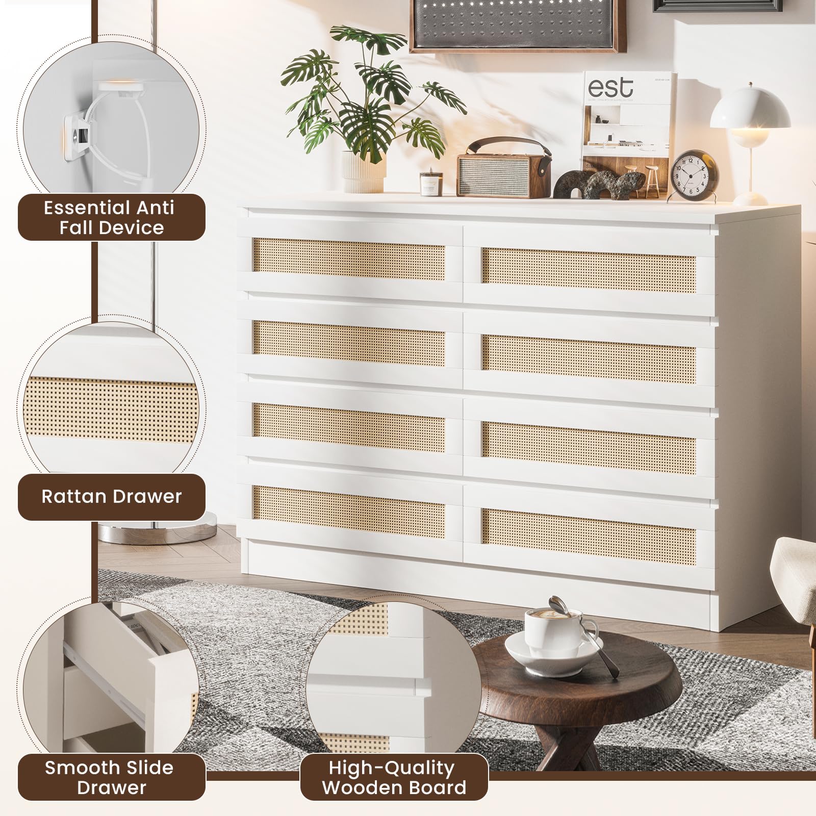 Patikuin 8 Drawer Double Dresser for Bedroom, Rattan Chest of Dressers, Modern Wooden Dresser Chest, Beside Table for Closet, Nursery, Living Room and Entryway, White