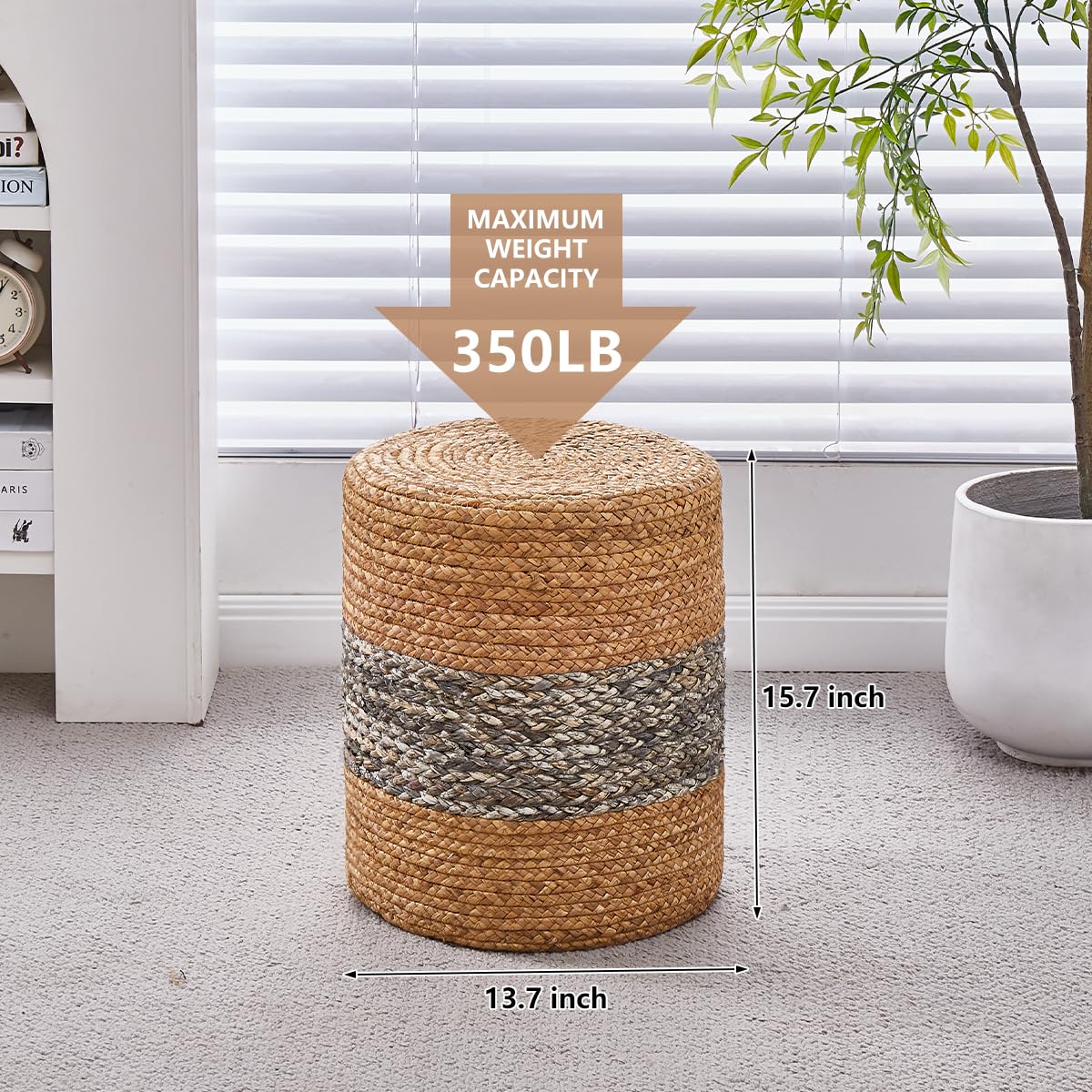 Ottoman Foot Rest Stool Round Natural Seagrass Foot Stool Hand-Woven Boho Pouf Ottomans Home Decor Footstool Extra Seating for Living Room Bedroom Entryway Grey