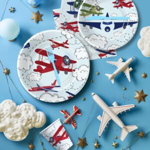 Suhelkit Airplane Party Decorations Tableware Boy - Disposable Airplane Birthday Party Supplies, Plate, Napkin, Cup, Cutlery, Aviation Theme Airplane Birthday Baby Shower Table Decorations | 24 Guests