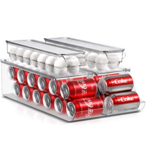 sorbus soda can organizer for refrigerator & egg holder for fridge set, 2 stackable can holder dispenser holds 12 cans each & 2 egg holders with lid holds 14 eggs for fridge, pantry, freezer, bpa-free