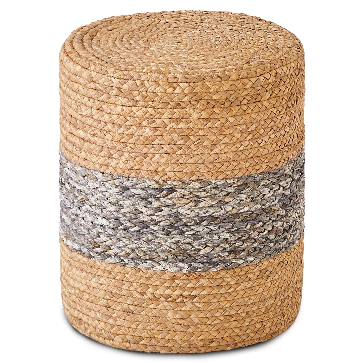 Ottoman Foot Rest Stool Round Natural Seagrass Foot Stool Hand-Woven Boho Pouf Ottomans Home Decor Footstool Extra Seating for Living Room Bedroom Entryway Grey