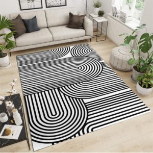 Fashion Mid-Century Geometric Art Non Slip Rugs, Simple Black and White Lines Arch Printed Area Rug, Low Pile Foldable Bedroom Mat for High Traffic Area Living Room Hallway Apartmen,5.3x6.6ft